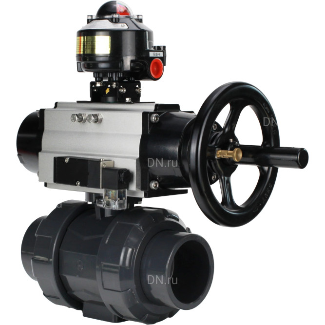 Кран шаровой BV4242E-FP-GRM-ISO Дн80 Ру10 полнопроходной, корпус - НПВХ, шар - НПВХ, уплотнение - EPDM, с пневмоприводом PA-DA-105-1, пневмораспределителем 4M310-08 DC24V и БКВ APL-510N EX в Омске