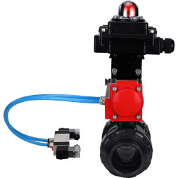 Кран шаровой BV4242E-FP-GRM-ISO Дн15 Ру10 полнопроходной, корпус - НПВХ, шар - НПВХ, уплотнение - EPDM, с пневмоприводом PA-DA-052, пневмораспределителем 4V320-10 AC220V и БКВ APL-410N EX