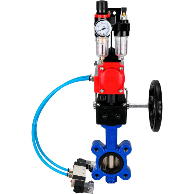 Затвор дисковый поворотный WBV1616E-2W-Fb-H Ду150 Ру16 LUG корпус - чугун QT450, диск - чугун QT450, уплотнение - EPDM, с пневмоприводом PA-DA-105, пневмораспределителем 4V320-10 AC220V, редуктором MON3-700-T38-ISO и БПВ AFC2000 в Омске