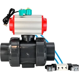 Кран шаровой BV4242E-FP-GRM-ISO Дн15 Ру10 полнопроходной, корпус - НПВХ, шар - НПВХ, уплотнение - EPDM, с пневмоприводом PA-SA-052, пневмораспределителем 4V320-10 AC220V и магнитным переключателем ALS200D