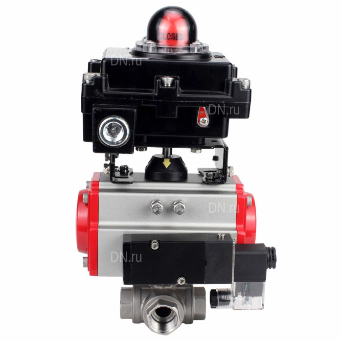 Кран шаровой BV3232P(4pc)-SP-3WL-T-ISO-H Ду10 Ру63 стандартнопроходной трехходовой L-тип, нержавеющая сталь SS316, внутренняя резьба, PTFE, пн.приводом PA-DA-052, пн.распределителем 4M310-08 AC220V и БКВ APL-410N EX в Омске