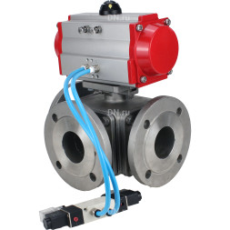 Кран шаровой BV3232P(4pc)-FP-3WL-F Ду15 Ру16 полнопроходной трехходовой, фланцевый, корпус - нержавеющая сталь SS316, с пневмоприводом PA-DA-052 двойного действия и пневмораспределителем 4V320-10 AC220V