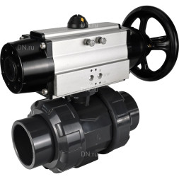 Кран шаровой BV4242E-FP-GRM-ISO Дн15 Ру10 полнопроходной, корпус - НПВХ, шар - НПВХ, уплотнение - EPDM, с пневмоприводом PA-DA-105-1 двойного действия со штурвалом