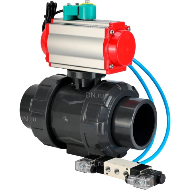 Кран шаровой BV4242E-FP-GRM-ISO Дн20 Ру10 полнопроходной, корпус - НПВХ, шар - НПВХ, уплотнение - EPDM, с пневмоприводом PA-SA-052, пневмораспределителем 4V320-10 AC220V и магнитным переключателем ALS200D в Омске