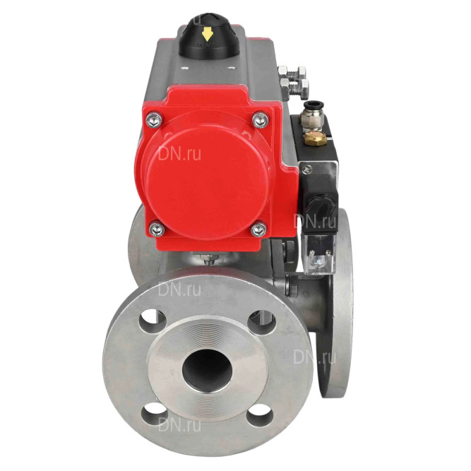Кран шаровой BV3232P(4pc)-FP-3WL-F Ду65 Ру16 полнопроходной трехходовой, фланцевый, корпус - нержавеющая сталь SS316, с пневмоприводом PA-DA-083 двойного действия и пневмораспределителем 4M310-08 AC220V в Омске