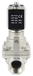 Клапан электромагнитный VS1031-PT-NC-220VAC 2″ Ду50 Ру12 соленоидный двухходовой поршневой, резьбовой, корпус - нержавеющая сталь AISI 304, уплотнение - PTFE, пилотного действия, нормально закрытый, катушка - 220В AC