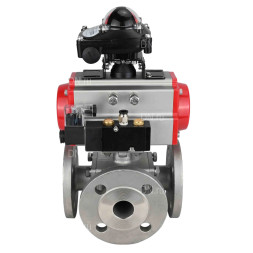 Кран шаровой BV3232P(4pc)-FP-3WL-F Ду15 Ру16 полнопроходной трехходовой, фланцевый, корпус - нержавеющая сталь SS316, с пневмоприводом PA-DA-052 двойного действия, пневмораспределителем 4M310-08 DC24V и БКВ APL-210N