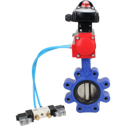 Затвор дисковый поворотный WBV1616E-2W-Fb-H Ду125 Ру16 LUG корпус - чугун QT450, диск - чугун QT450, уплотнение - EPDM, с пневмоприводом PA-DA-105, пневмораспределителем 4V320-08 AC220V и БКВ APL-210N
