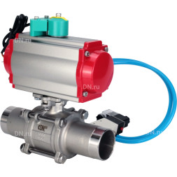 Кран шаровой BV3131P(3pc)-FP-W-ISO-H LONG Ду10 Ру63 полнопроходной, корпус - нержавеющая сталь 304, уплотнение - PTFE, под приварку, с пневмоприводом PA-DA-052, пневмораспределителем 4V320-10 AC220V и магнитным переключателем ALS200D