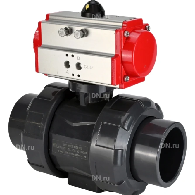 Кран шаровой BV4242E-FP-GRM-ISO Дн32 Ру10 полнопроходной, корпус - НПВХ, шар - НПВХ, уплотнение - EPDM, с пневмоприводом PA-DA-052 двойного действия в Омске