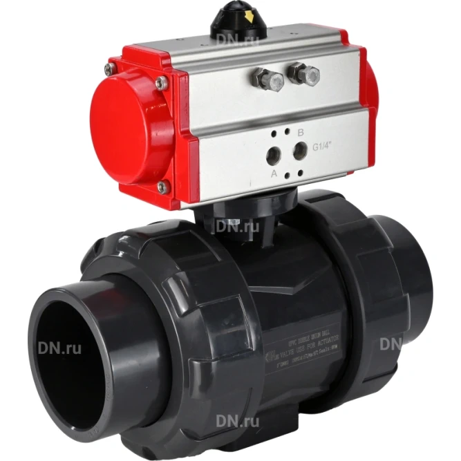 Кран шаровой BV4242E-FP-GRM-ISO Дн32 Ру10 полнопроходной, корпус - НПВХ, шар - НПВХ, уплотнение - EPDM, с пневмоприводом PA-DA-052 двойного действия в Омске