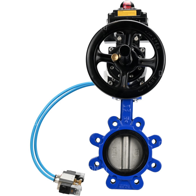 Затвор дисковый поворотный WBV1631N-2W-Fb-H Ду125 Ру16 LUG корпус - чугун QT450, диск - нержавеющая сталь 304, уплотнение - NBR, с пневмоприводом PA-DA-105-1, пневмораспределителем 4V320-08 AC220V и БКВ APL-410N EX в Омске