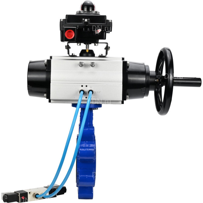 Затвор дисковый поворотный WBV1631N-2W-Fb-H Ду125 Ру16 LUG корпус - чугун QT450, диск - нержавеющая сталь 304, уплотнение - NBR, с пневмоприводом PA-DA-105-1, пневмораспределителем 4V320-08 AC220V и БКВ APL-410N EX в Омске