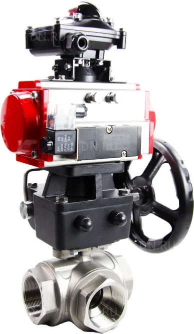 Кран шаровой BV3232P(4pc)-SP-3WL-T-ISO-H Ду50 Ру63 стандартнопроходной трехходовой L-тип, нерж. сталь SS316, внутренняя резьба, PTFE, пн.приводом PA-DA-065, пн.распределителем 4M310-08 AC220V, БКВ APL-210N и ручным дублером MON1-250-T26-ISO в Омске
