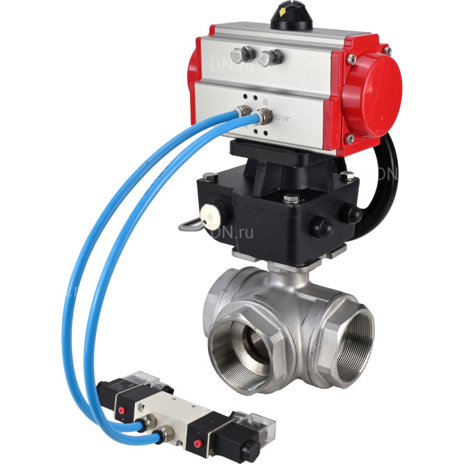 Кран шаровой BV3232P(4pc)-SP-3WL-T-ISO-H Ду32 Ру63, стандартнопроходной, четырехсоставной, нержавеющая сталь 316, PTFE, внутренняя резьба, с пневмоприводом PA-DA-052, пневмораспределителем 4V320-08 AC220V, ручным дублером MON1-250-T26-ISO в Омске