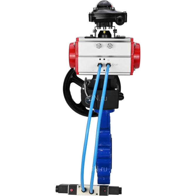 Затвор дисковый поворотный WBV1631N-2W-Fb-H Ду65 Ру16 LUG корпус - чугун QT450, диск - нержавеющая сталь 304, уплотнение - NBR, с пневмоприводом PA-DA-065, пневмораспределителем 4V320-08 AC220V, БКВ APL-210N и редуктором MON1-250-T26-ISO в Омске