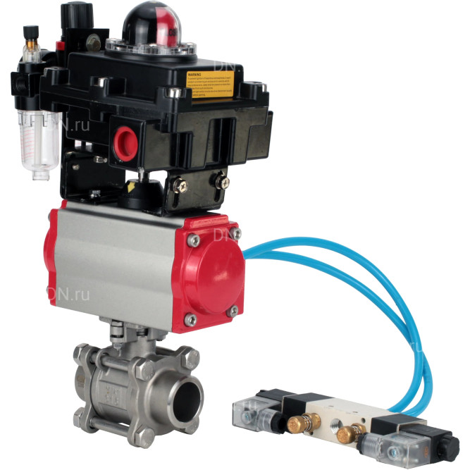 Кран шаровой BV3232P(3pc)-FP-W-ISO-H Ду65 Ру25, полнопроходной под приварку, нержавеющая сталь SS316, уплотнение - PTFE, с пневмоприводом PA-DA-083 двойного действия, с пневмораспределителем 4V320-08 AC220V, с БКВ APL-410N EX, с БПВ AFC2000 в Омске