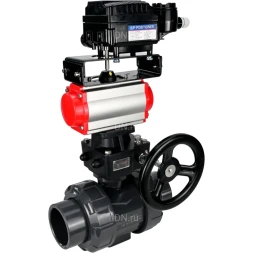 Кран шаровой BV4242E-FP-GRM-ISO Дн65 Ру10 полнопроходной, корпус - НПВХ, шар - НПВХ, уплотнение - EPDM, с пневмоприводом PA-DA-065, ручным дублером MON1-250-T26-ISO и пневмопозиционером YT-1000RSN без обратной связи