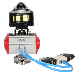 Кран шаровой BV3232P(4pc)-SP-3WL-T-ISO-H 1 1/4″ Ду32 Ру63 стандартнопроходной трехходовой L-тип, нержавеющая сталь SS316, внутренняя резьба, уплотнение - PTFE, с пн.приводом PA-DA-052 пн.распределителем 4V320-10 AC220V БКВ APL-510N-EX