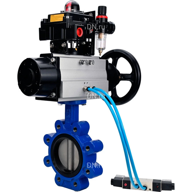 Затвор дисковый поворотный WBV1631E-2W-Fb-H Ду150 Ру16 LUG, корпус - чугун QT450, диск - нержавеющая сталь 304, уплотнение - EPDM, с пневмоприводом PA-DA-105-1, пневмораспределителем 4M320-08 AC220V, БКВ APL-410N EX и БПВ AFC2000 в Омске