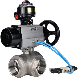 Кран шаровой BV3232P(4pc)-SP-3WL-T-ISO-H Ду80 Ру40, стандартнопроходной, четырехсоставной, корпус - нержавеющая сталь 316, уплотнение - PTFE, внутренняя резьба, с пневмоприводом PA-DA-105-1, пневмораспределителем 4V320-08 AC220V, БКВ APL-510N Ex