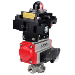 Кран шаровой BV3232P(4pc)-SP-3WL-T-ISO-H Ду10 Ру63 стандартнопроходной трехходовой L-тип, нержавеющая сталь SS316, внутренняя резьба, PTFE, пн.приводом PA-DA-052, пн.распределителем 4M310-08 DC24V и БКВ APL-410N EX