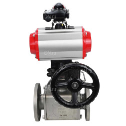 Кран шаровой BV3232P(4pc)-FP-3WL-F Ду15 Ру16 полнопроходной трехходовой, фланцевый, корпус - нержав.сталь SS316, с пневмоприводом PA-DA-052, пневмораспределителем 4M310-08 AC220V, БКВ APL-210N и ручным дублером MON1-250-T26-ISO