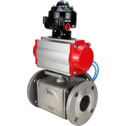 Кран шаровой BV3232P(4pc)-FP-3WL-F Ду25 Ру16 полнопроходной трехходовой, фланцевый, корпус - нержавеющая сталь SS316, с пневмоприводом PA-DA-052 двойного действия, пневмораспределителем 4V320-10 AC220V и БКВ APL-510N EX