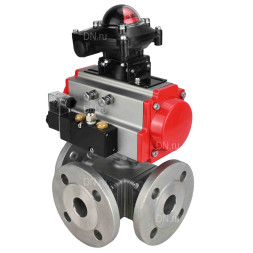 Кран шаровой BV3232P(4pc)-FP-3WL-F Ду15 Ру16 полнопроходной трехходовой, фланцевый, корпус - нержавеющая сталь SS316, с пневмоприводом PA-SA-052 с возвратными пружинами, пневмораспределителем 4M310-08 DC24V и БКВ APL-210N