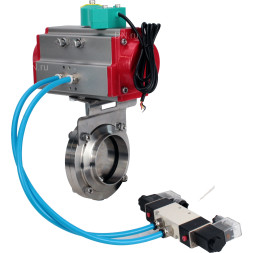 Затвор дисковый поворотный WBV3131S-2W-W-H Ду15 Ру10 под приварку, пищевая нержавеющая сталь 304, уплотнение - Silicon, с пневмоприводом PA-DA-052, пневмораспределителем 4V320-08 AC220V и магнитным переключателем ALS200D