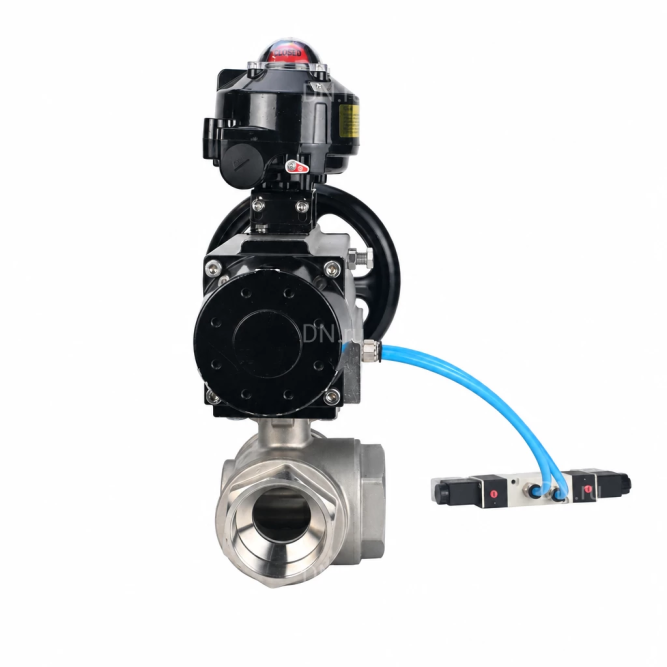 Кран шаровой BV3232P(4pc)-SP-3WL-T-ISO-H WDVF Ду65 Ру40 стандартнопроходной, 3-ходовой L-тип, внутренняя резьба, нержавеющая сталь AISI 316, PTFE, с пневмоприводом PA-DA-105-1, пневмораспределителем 4V320-08 AC220V и БКВ APL-510N EX в Омске