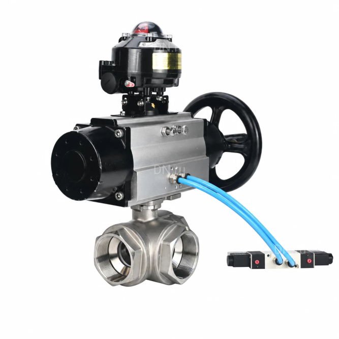 Кран шаровой BV3232P(4pc)-SP-3WL-T-ISO-H WDVF Ду65 Ру40 стандартнопроходной, 3-ходовой L-тип, внутренняя резьба, нержавеющая сталь AISI 316, PTFE, с пневмоприводом PA-DA-105-1, пневмораспределителем 4V320-08 AC220V и БКВ APL-510N EX в Омске