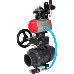 Кран шаровой BV4242E-FP-GRM-ISO Дн80 Ру10 полнопроходной, корпус - НПВХ, шар - НПВХ, уплотнение - EPDM, с пневмоприводом PA-DA-065, пневмораспределителем 4V320-10 AC220V, ручным дублером MON1-250-T26-ISO, БКВ APL-210N и БПВ AFC2000