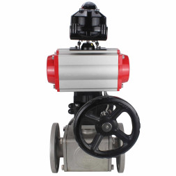 Кран шаровой BV3232P(4pc)-FP-3WL-F Ду25 Ру16 полнопроходной трехходовой, фланцевый, корпус - нержав.сталь SS316, пневмопривод PA-DA-052 двойн.действия, пневмораспределитель 4M310-08 AC220V, БКВ APL-510N EX и ручной дублер MON1-250-T26-ISO