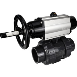 Кран шаровой BV4242E-FP-GRM-ISO Дн65 Ру10 полнопроходной, корпус - НПВХ, шар - НПВХ, уплотнение - EPDM, с пневмоприводом PA-DA-105-1 двойного действия со штурвалом