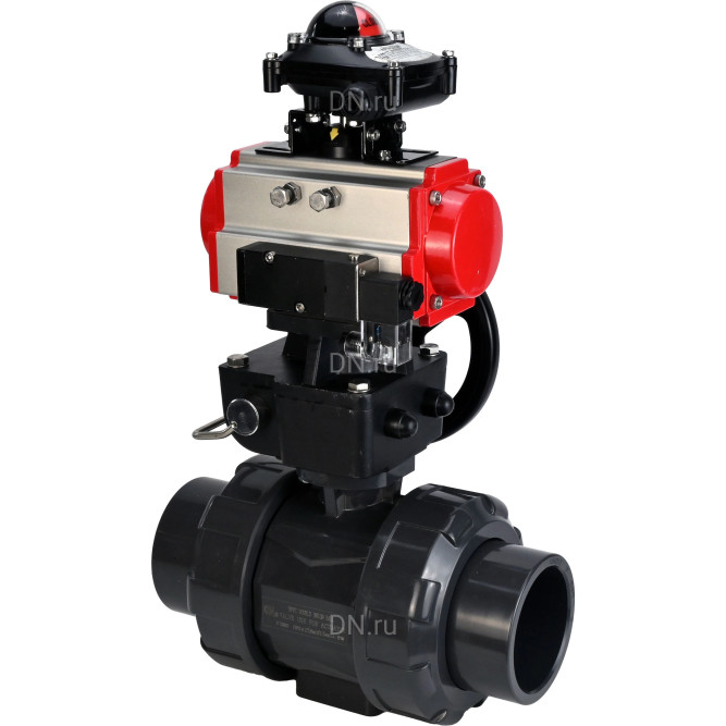 Кран шаровой BV4242E-FP-GRM-ISO Дн20 Ру10 полнопроходной, корпус - НПВХ, шар - НПВХ, уплотнение - EPDM, с пневмоприводом PA-DA-052, пневмораспределителем 4M310-08 AC220V, ручным дублером MON1-250-T26-ISO и БКВ APL-210N в Омске