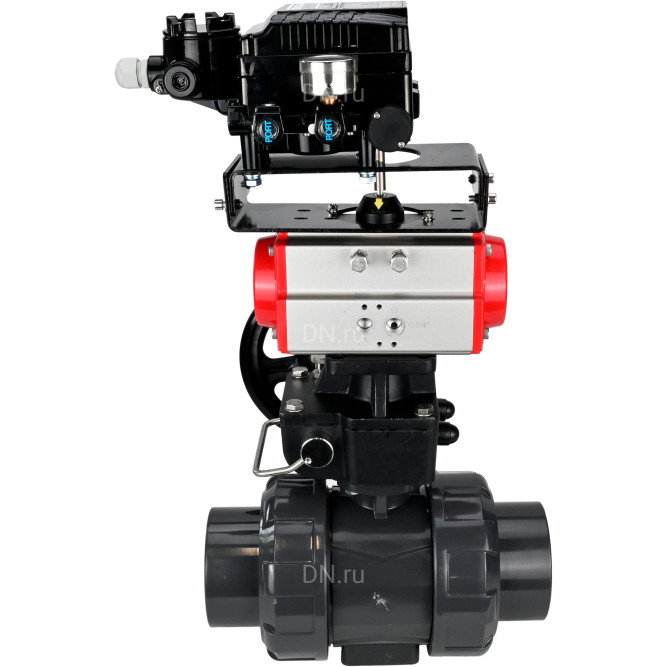 Кран шаровой BV4242E-FP-GRM-ISO Дн15 Ру10 полнопроходной, корпус - НПВХ, шар - НПВХ, уплотнение - EPDM, с пневмоприводом PA-DA-052, ручным дублером MON1-250-T26-ISO и пневмопозиционером YT-1000RSN с обратной связью в Омске