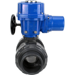 Кран шаровой BV4242E-FP-GRM-ISO Дн40 Ру10 полнопроходной, корпус - НПВХ, шар - НПВХ, уплотнение - EPDM, с электроприводом QT-N-005M-O2-380VAC-У1 с моментной муфтой и штурвалом