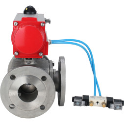 Кран шаровой BV3232P(4pc)-FP-3WL-F Ду40 Ру16 полнопроходной трехходовой, фланцевый, корпус - нержавеющая сталь SS316, с пневмоприводом PA-SA-105 с возвратными пружинами и пневмораспределителем 4V320-08 AC220V