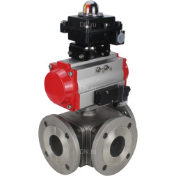 Кран шаровой BV3232P(4pc)-FP-3WL-F Ду20 Ру16 полнопроходной трехходовой, фланцевый, корпус - нержавеющая сталь SS316, с пневмоприводом PA-DA-052 двойного действия, пневмораспределителем 4M310-08 AC220V и БКВ APL-410N EX