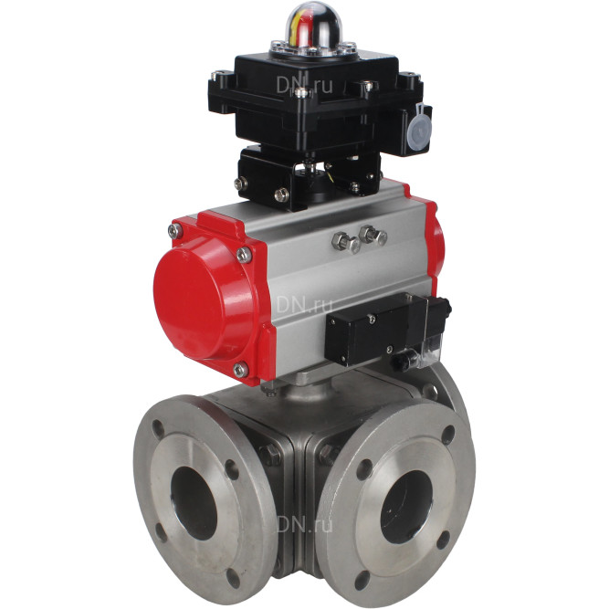 Кран шаровой BV3232P(4pc)-FP-3WL-F Ду20 Ру16 полнопроходной трехходовой, фланцевый, корпус - нержавеющая сталь SS316, с пневмоприводом PA-DA-052 двойного действия, пневмораспределителем 4M310-08 AC220V и БКВ APL-410N EX в Омске
