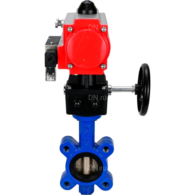 Затвор дисковый поворотный WBV1616E-2W-Fb-H Ду150 Ру16 LUG корпус - чугун QT450, диск - чугун QT450, уплотнение - EPDM, с пневмоприводом PA-DA-105, пневмораспределителем 4M310-08 DC24V и дублером MON3-700-T38-ISO в Омске