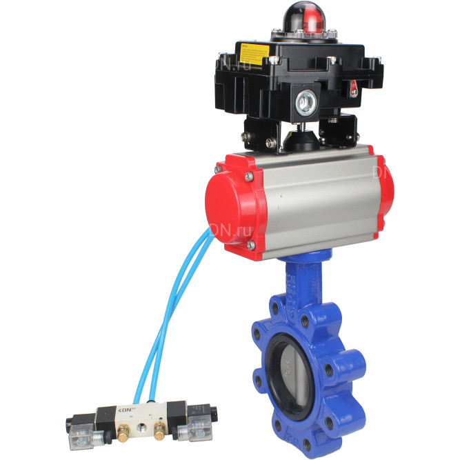 Затвор дисковый поворотный WBV1631N-2W-Fb-H Ду125 Ру16 LUG корпус - чугун QT450, диск - нержавеющая сталь 304, уплотнение - NBR, с пневмоприводом PA-SA-140, пневмораспределителем 4V320-08 AC220V и БКВ APL-410N EX в Омске