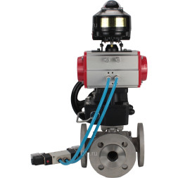 Кран шаровой BV3232P(4pc)-FP-3WL-F Ду25 Ру16 полнопроходной трехходовой, фланцевый, нержав.сталь SS316, с пневмоприводом PA-DA-052 двойн.действия, пневмораспределителем 4V320-10 AC220V, БКВ APL-510N EX и ручным дублером MON1-250-T26-ISO