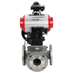 Кран шаровой BV3232P(4pc)-FP-3WL-F Ду65 Ру16 полнопроходной трехходовой, фланцевый, корпус - нержавеющая сталь SS316, с пневмоприводом PA-DA-083, пневмораспределителем 4M310-08 AC220V, БКВ APL-210N и ручным дублером MON2-450-T28-ISO