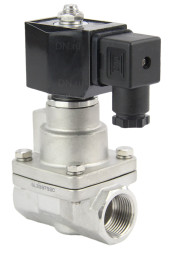 Клапан электромагнитный VS1031-PT-NC-24VDC 2″ Ду50 Ру12 соленоидный двухходовой поршневой, резьбовой, корпус - нержавеющая сталь AISI 304, уплотнение - PTFE, пилотного действия, нормально закрытый, катушка - 24В DC