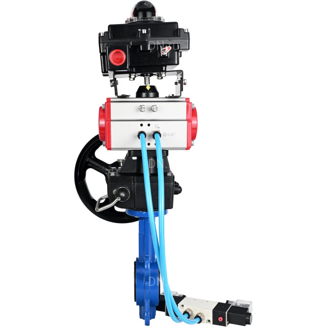 Затвор дисковый поворотный WBV1413E-2W-Fb-H Ду125 Ру16, корпус - чугун GGG50, диск - чугун GGG40, уплотнение - EPDM, с пневмоприводом PA-DA-105, пневмораспределителем 4V320-10 AC220V, БКВ APL-410N EX и ручным дублером MON2-450-T28-ISO в Омске