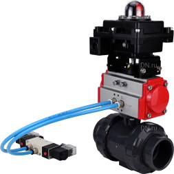 Кран шаровой BV4242E-FP-GRM-ISO Дн25 Ру10 полнопроходной, корпус - НПВХ, шар - НПВХ, уплотнение - EPDM, с пневмоприводом PA-SA-052, пневмораспределителем 4V320-10 AC220V и БКВ APL-410N EX