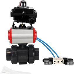 Кран шаровой BV4242E-FP-GRM-ISO Дн25 Ру10 полнопроходной, корпус - НПВХ, шар - НПВХ, уплотнение - EPDM, с пневмоприводом PA-SA-052, пневмораспределителем 4V320-10 AC220V и БКВ APL-410N EX