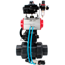 Кран шаровой BV4242E-FP-GRM-ISO Дн25 Ру10 полнопроходной, корпус - НПВХ, шар - НПВХ, уплотнение - EPDM, с пневмоприводом PA-DA-052, пневмораспределителем 4V320-08 AC220V, ручным дублером MON1-250-T26-ISO, БКВ APL-410N EX и БПВ AFC2000